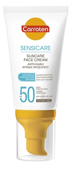 Слънцезащитен крем за лице Carroten Sensicare за тен и защита, SPF50, 50мл