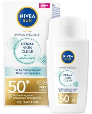 Слънцезащитен флуид за лице nivea sun derma skin clear, spf 50+, 40 мл