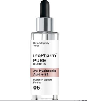 Хидратиращ серум за лице INOPHARM PURE ELEMENTS, срещу стареене на кожата, с хиалуронова киселина и провитамин B5, 30 мл