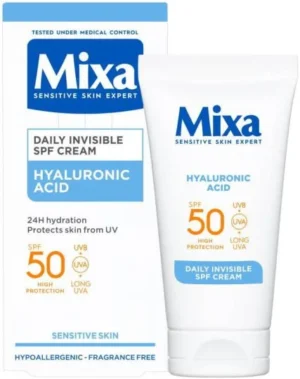 Дневен крем за лице SPF50 с хиалуронова киселина Mixa Sensitive – Интензивна хидратация и слънцезащита за чувствителна кожа, 50 мл