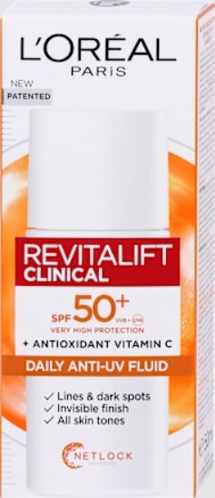 Флуид за лице L'ORÉAL PARiS Revitalift Clinical SPF50+ – Клинична грижа срещу стареене и UV защита в едно, 50 мл