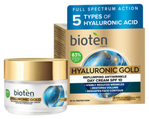 Дневен крем Bioten Hyaluronic Gold – 5 вида хиалурон и златни протеини за изглаждане и блясък, 50 мл