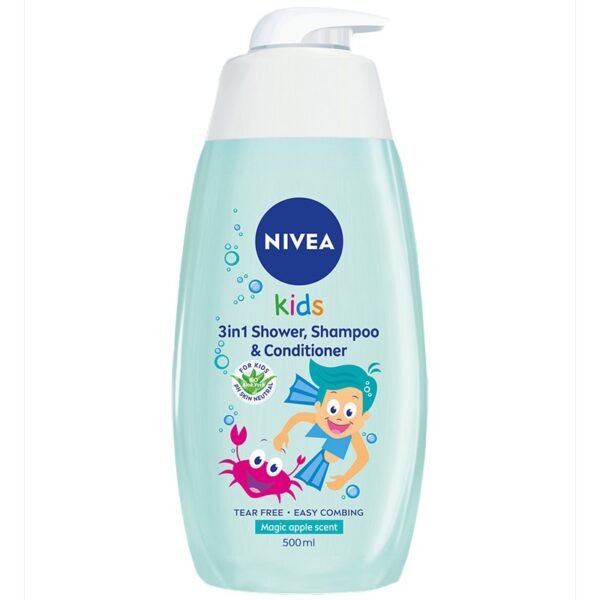Душ-гел, шампоан и балсам с био алое вера и лайка NIVEA 3в1 Magic Apple, с аромат на ябълка, 500 мл