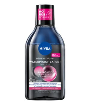Двуфазна мицеларна вода за водоустойчив грим NIVEA Waterproof Expert, с екстракт от черен чай, 400 мл