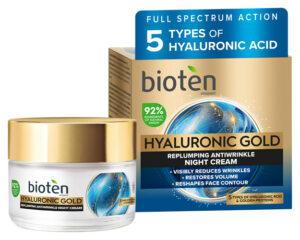 Нощен крем Bioten Hyaluronic Gold – Възстановяваща anti-age грижа със златни протеини и 5 вида хиалурон, 50 мл
